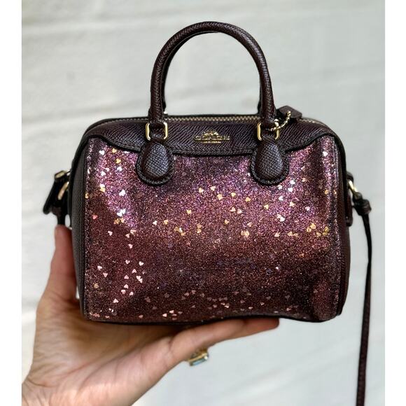 Coach Micro Mini Bennett Glitter Hearts Satchel Crossbody Purse Raspberry RARE - Picture 1 of 15